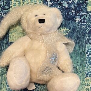 Vintage White 13” Plush Bear with Sparkly Scarf-EUC *like new*